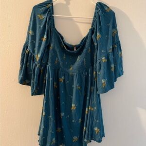Free People Floral Blue Tunic Top